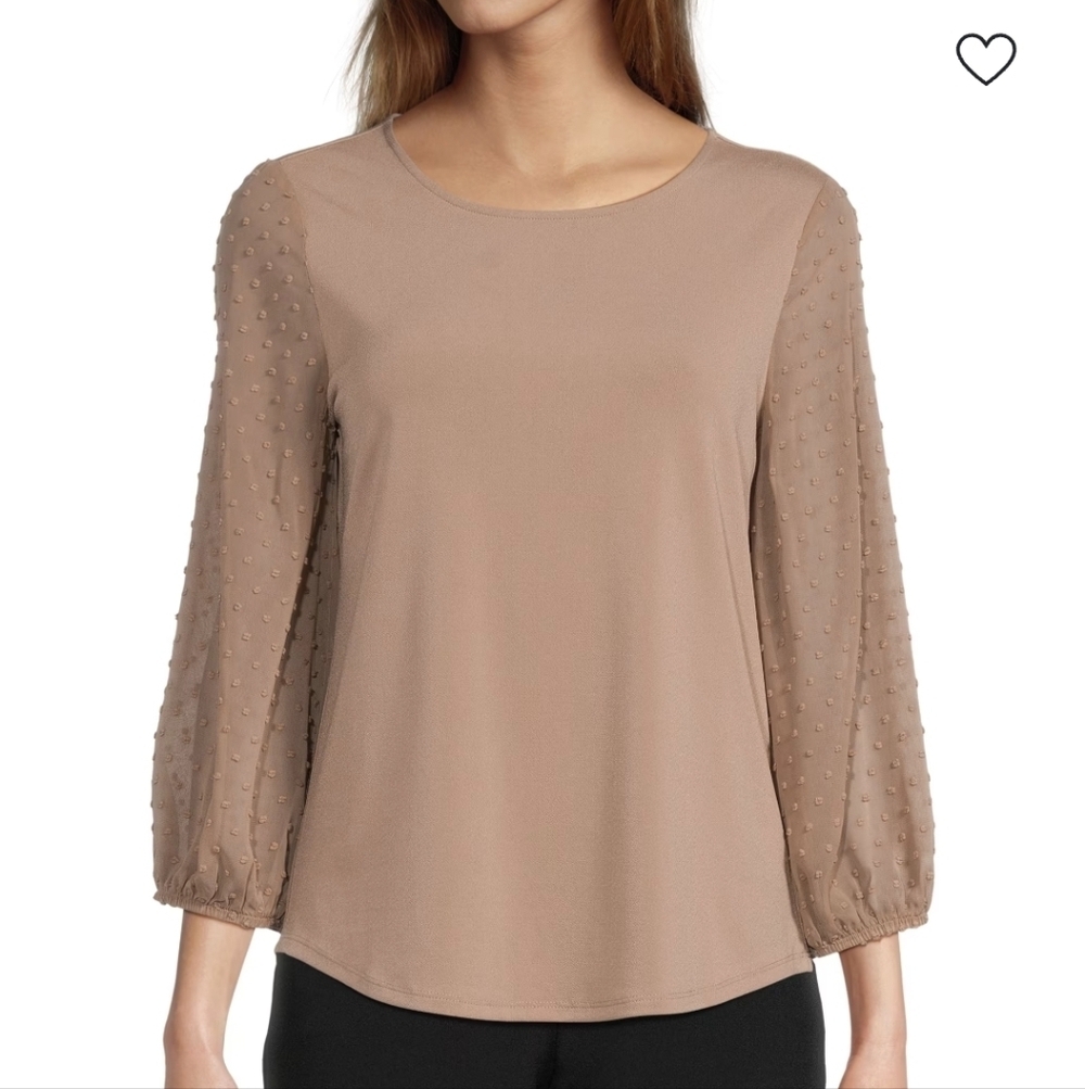 Adrianna Papell Knit Pullover Taupe Casual Top Clip Dot Chiffon Sleeves Size M